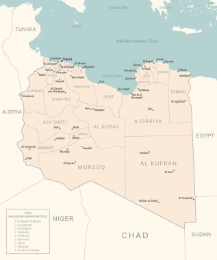 Libya - idari bölümler ülkesinin ayrıntılı haritası. Vektör illüstrasyonu