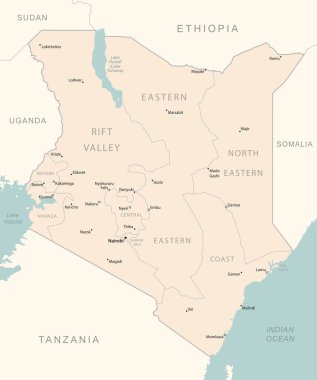Kenya - idari bölümler ülkesinin detaylı haritası. Vektör illüstrasyonu