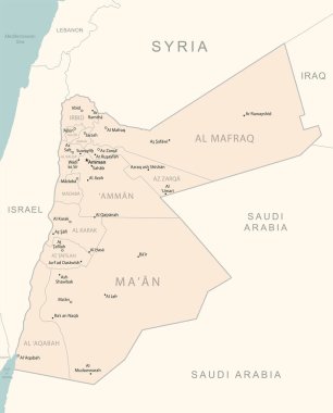 Ürdün - idari bölümler ülkesinin detaylı haritası. Vektör illüstrasyonu