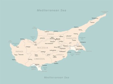 Kıbrıs Rum Kesimi - idari bölümlerin bulunduğu ayrıntılı harita. Vektör illüstrasyonu