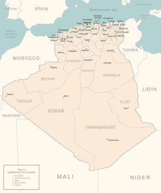 Cezayir - idari bölümler ülkesinin detaylı haritası. Vektör illüstrasyonu