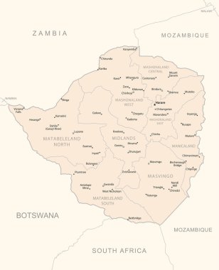 Zimbabwe - idari bölümler ülkesinin detaylı haritası. Vektör illüstrasyonu