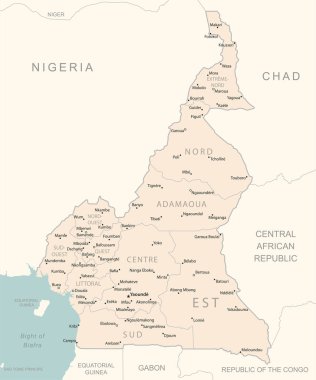 Kamerun, idari bölümler ülkesinin detaylı haritası. Vektör illüstrasyonu