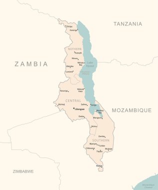 Malavi - idari bölümler ülkesinin detaylı haritası. Vektör illüstrasyonu