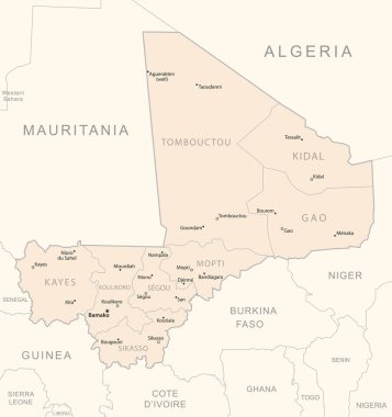 Mali - idari bölümler ülkesinin detaylı haritası. Vektör illüstrasyonu