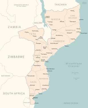 Mozambik - idari bölümler ülkesinin detaylı haritası. Vektör illüstrasyonu