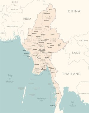 Myanmar - idari bölümler ülkesinin detaylı haritası. Vektör illüstrasyonu