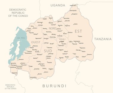 Ruanda - idari bölümler ülkesinin detaylı haritası. Vektör illüstrasyonu