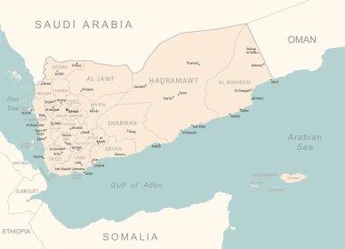 Yemen - idari bölümler ülkesinin detaylı haritası. Vektör illüstrasyonu