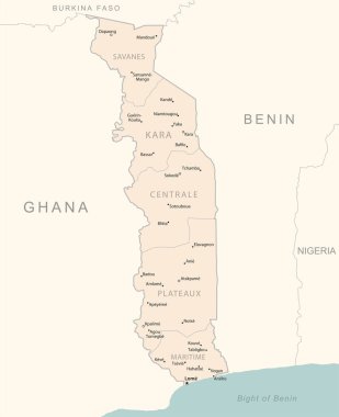 Togo - idari bölümler ülkesinin detaylı haritası. Vektör illüstrasyonu