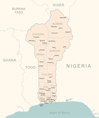 Benin, idari bölümler ülkesinin detaylı haritası. Vektör illüstrasyonu