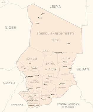 Chad, idari bölümler ülkesinin detaylı haritası. Vektör illüstrasyonu