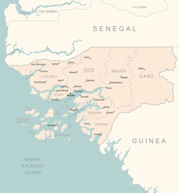 Gine-Bissau - idari bölümler ülkesinin detaylı haritası. Vektör illüstrasyonu