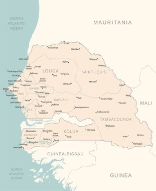 Senegal - idari bölümler ülkesinin detaylı haritası. Vektör illüstrasyonu