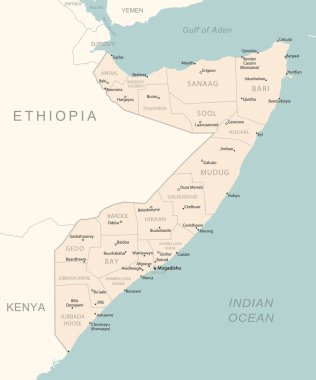 Somali - idari bölümler ülkesinin detaylı haritası. Vektör illüstrasyonu