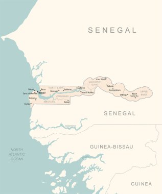 Gambiya - idari bölümler ülkesinin detaylı haritası. Vektör illüstrasyonu