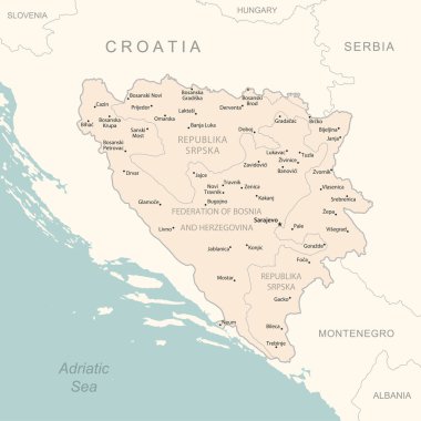 Bosna-Hersek - idari bölümler ülkesinin ayrıntılı haritası. Vektör illüstrasyonu