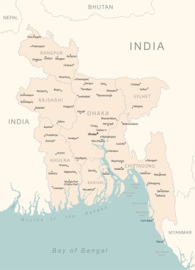 Bangladeş - idari bölümler ülkesinin detaylı haritası. Vektör illüstrasyonu
