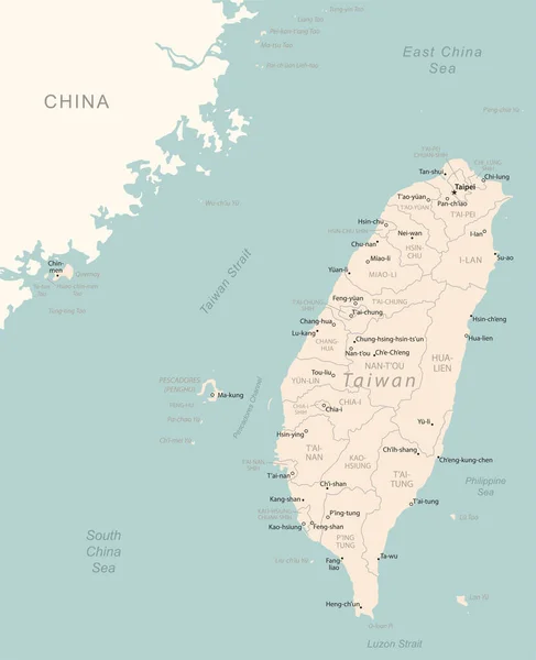 Taiwán Mapa Detallado Con Las Divisiones Administrativas País Ilustración Vectorial — Archivo Imágenes Vectoriales