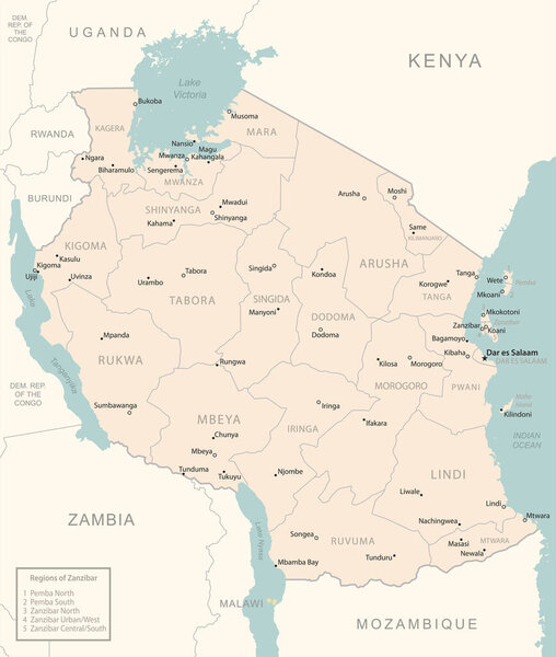 Tanzania - detailed map with administrative divisions country. Vector illustration