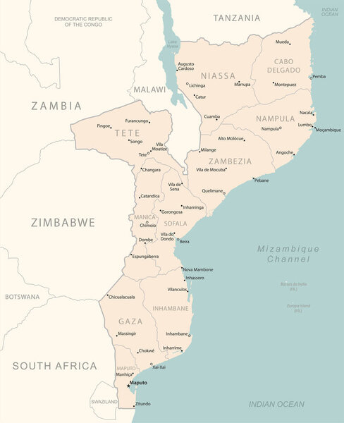 Мозамбик - детальная карта с административным делением страны. Векторная иллюстрация