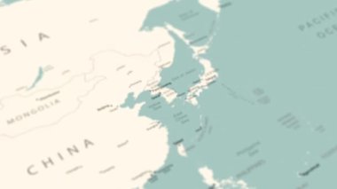 Dünya haritasında Güney Kore. Pürüzsüz harita dönüşü. 4K canlandırması.