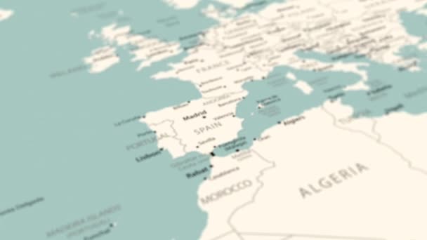 Ισπανία Στον Παγκόσμιο Χάρτη Ομαλή Περιστροφή Χάρτη Κινούμενα Σχέδια — Αρχείο Βίντεο