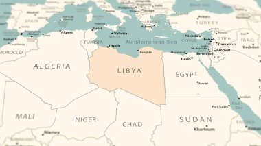 Dünya haritasında Libya. Ülkeye odaklanan hafif bir alan derinliğiyle çekilen çekim.