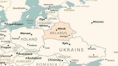 Dünya haritasında Belarus. Ülkeye odaklanan hafif bir alan derinliğiyle çekilen çekim.