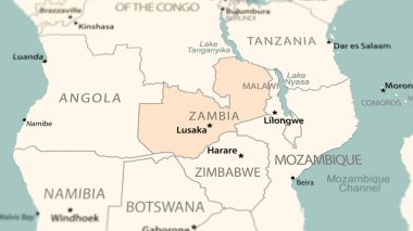 Zambiya dünya haritasında. Ülkeye odaklanan hafif bir alan derinliğiyle çekilen çekim.