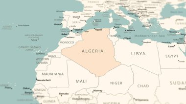 Algeria on the world map. Shot with light depth of field focusing on the country. clipart