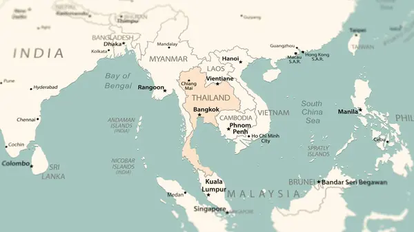 Thailand on the world map. Shot with light depth of field focusing on the country.