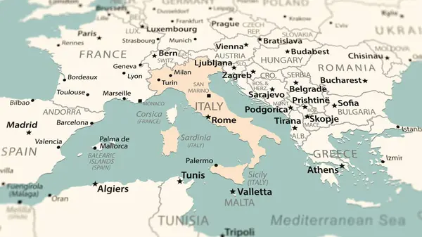Italy on the world map. Shot with light depth of field focusing on the country.