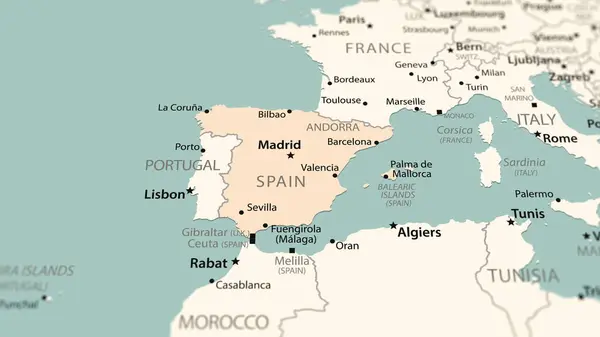 Іспанія Карті Світу Знімок Легкою Глибиною Різкості Орієнтований Країну — стокове фото