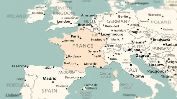 Francia Mapa Del Mundo Disparo Con Profundidad Campo Luz Enfocado —  Fotos de Stock