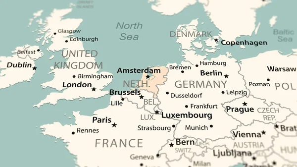 Netherlands on the world map. Shot with light depth of field focusing on the country.