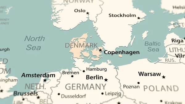 Denmark on the world map. Shot with light depth of field focusing on the country.