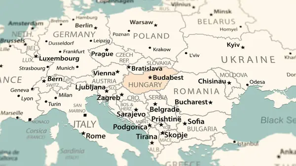 Hungary on the world map. Shot with light depth of field focusing on the country.