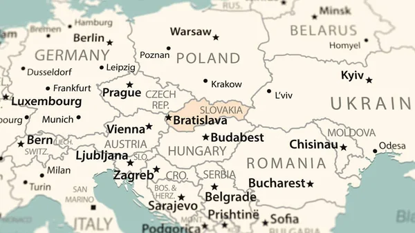 Slovakia on the world map. Shot with light depth of field focusing on the country.