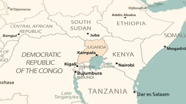 Уганда Карті Світу Знімок Легкою Глибиною Різкості Орієнтований Країну — стокове фото