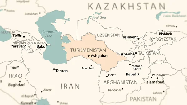 Turkmenistan on the world map. Shot with light depth of field focusing on the country.