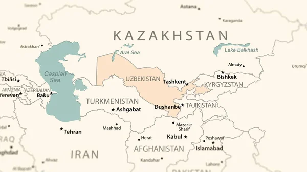 Uzbekistan on the world map. Shot with light depth of field focusing on the country.