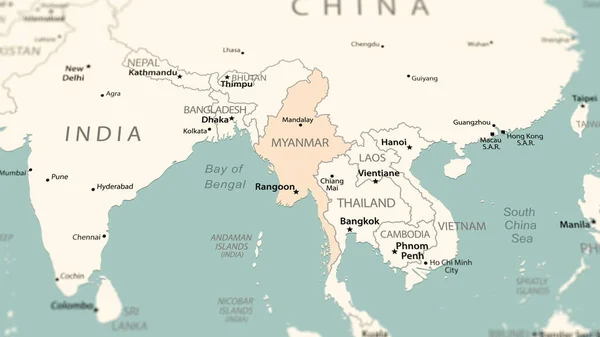 Myanmar on the world map. Shot with light depth of field focusing on the country.