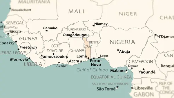 Togo on the world map. Shot with light depth of field focusing on the country.