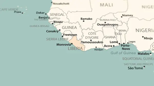 Liberia on the world map. Shot with light depth of field focusing on the country.