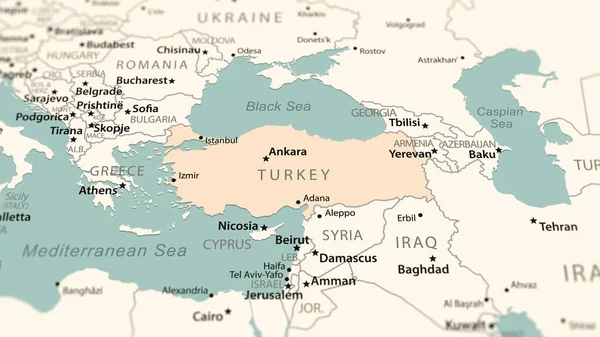 Turkey on the world map. Shot with light depth of field focusing on the country.