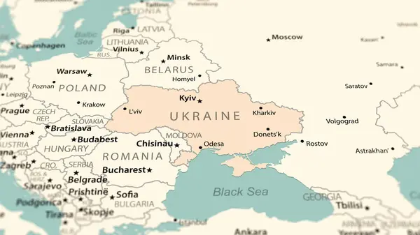 Ukraine on the world map. Shot with light depth of field focusing on the country.