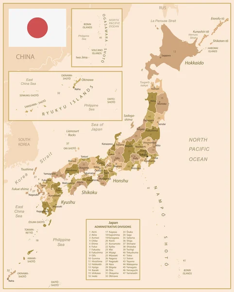 Japan Vintage Map Country Brown Green Colors Vector Illustration — Stock Vector
