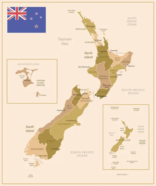 Nova Zelândia Mapa Vintage País Cores Marrom Verdes Ilustração Vetorial — Vetor de Stock