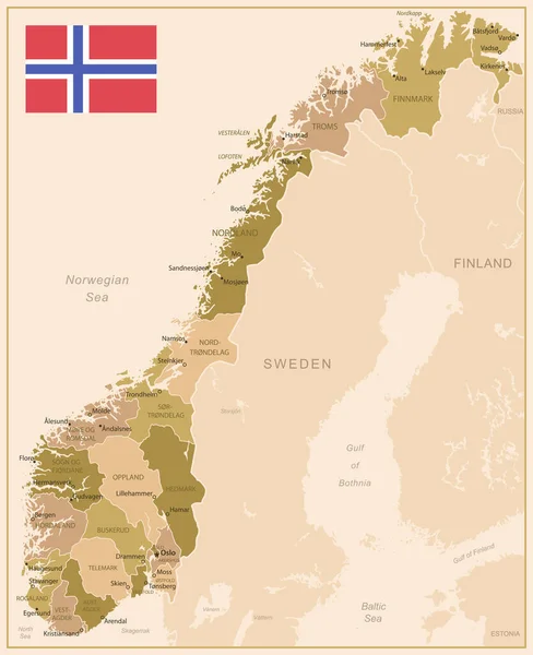 Noruega Mapa Vintage Del País Colores Marrón Verde Ilustración Vectorial — Archivo Imágenes Vectoriales